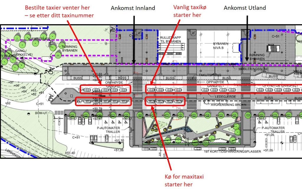 Kart over taxiholdeplassen på flesland